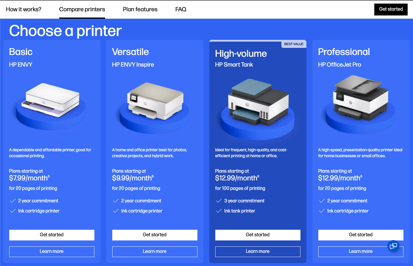 HP All-In Plan Printer comparison