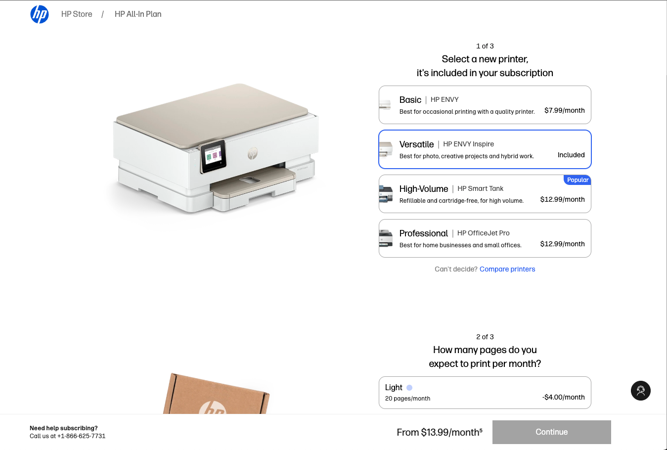 HP All-In Plan Printer selection