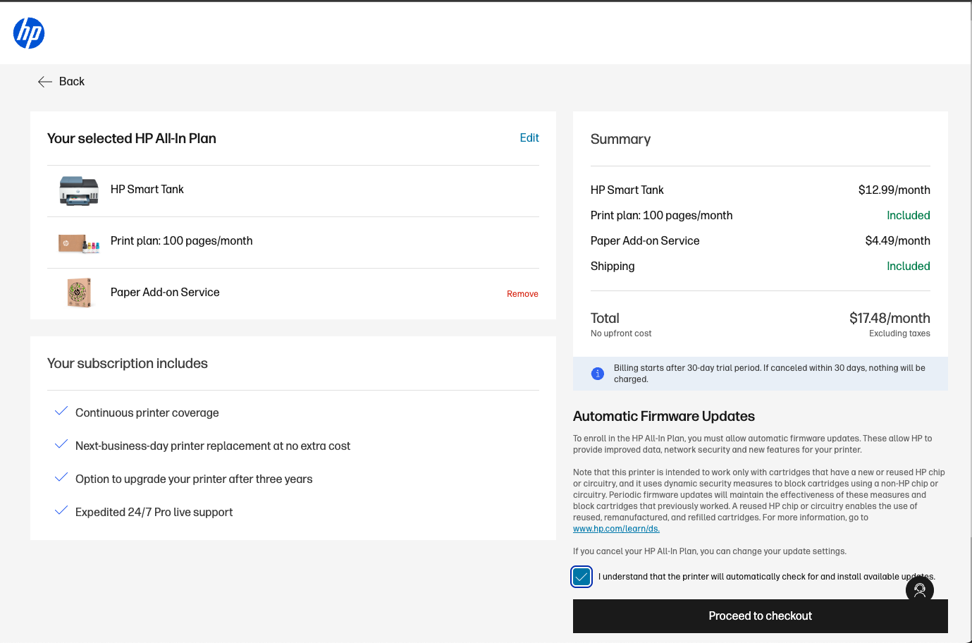 HP All-In Plan Check-out